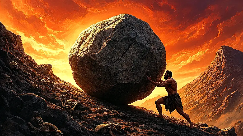 Sisyphus eternally pushing a massive boulder uphill in Tartarus.