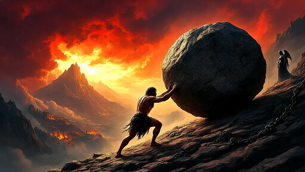 Sisyphus eternally pushing boulder under stormy red sky.