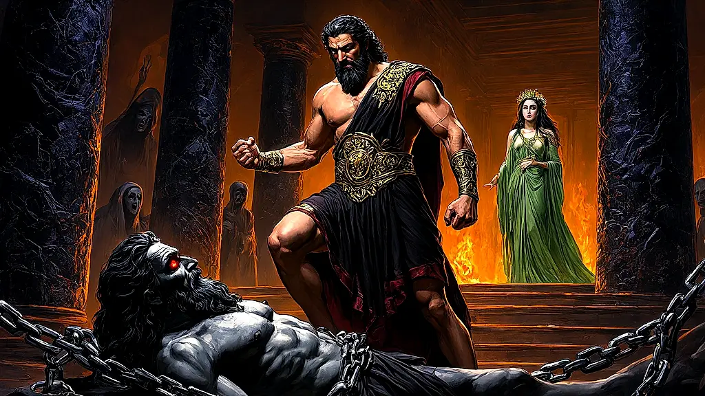Sisyphus triumphantly shackles Hades in the Underworld.