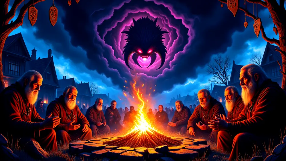 Slavic elders recount Ala's myth under stormy skies.