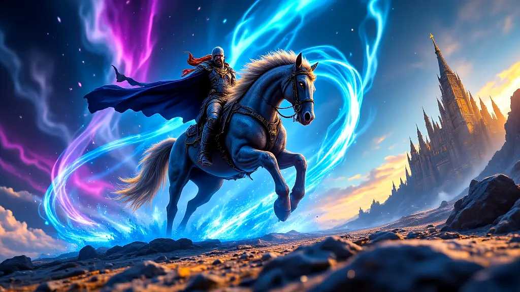 Sleipnir, Odin's eight-legged horse, galloping across Bifröst.