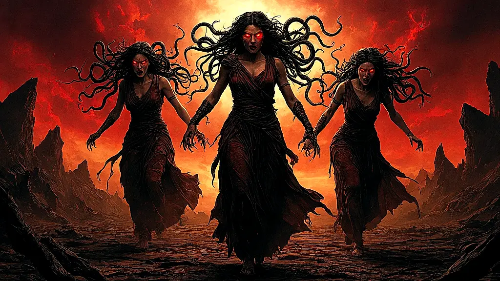Snake-haired Furies hunting an oath-breaker in stormy wasteland.