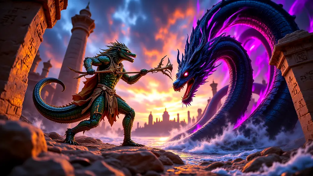 Sobek battles Apep by the Nile at dusk.