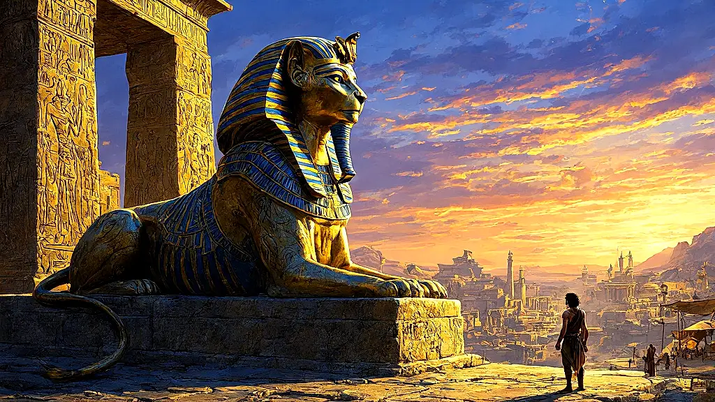 Sphinx and Oedipus in a dramatic mythological confrontation.