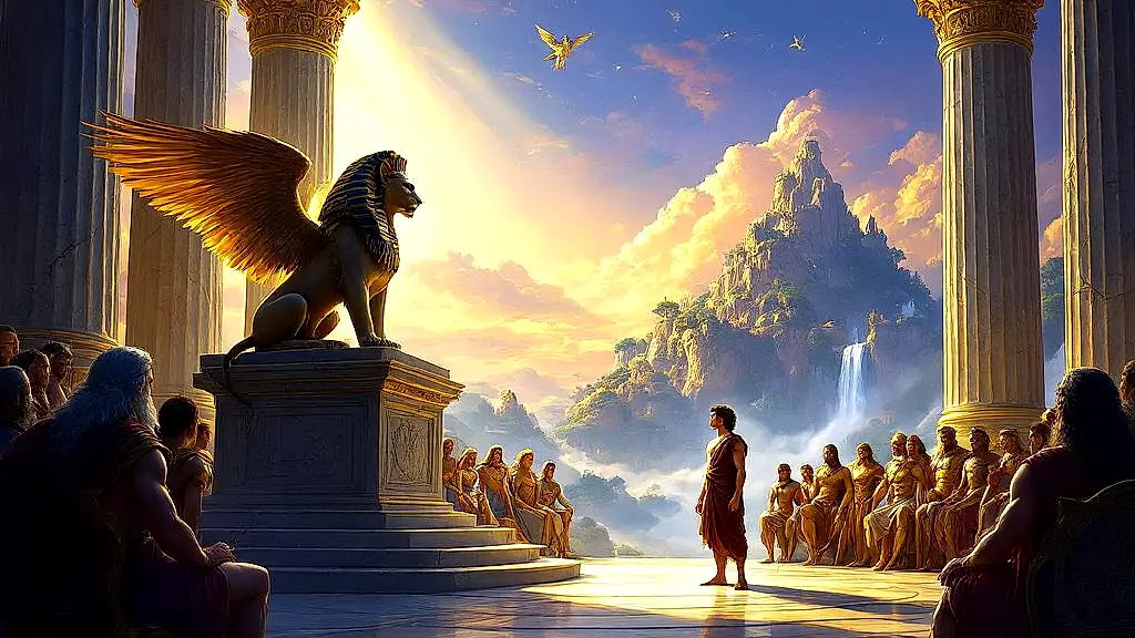Sphinx challenges Oedipus with a riddle on Mount Olympus.