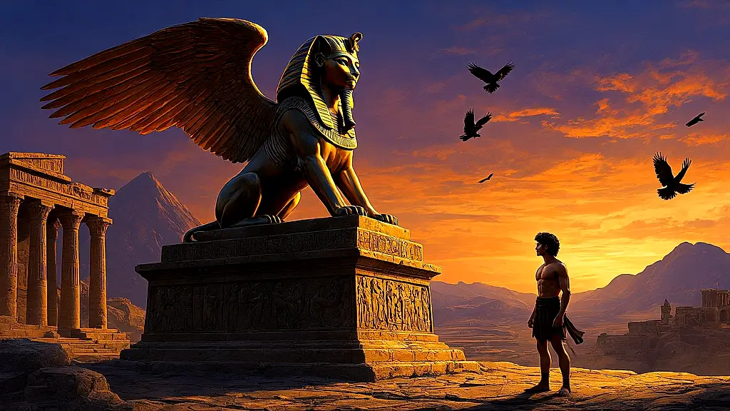 Sphinx confronts hero with a deadly riddle at twilight.