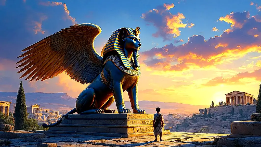 Sphinx posing a riddle to a traveler at sunset.