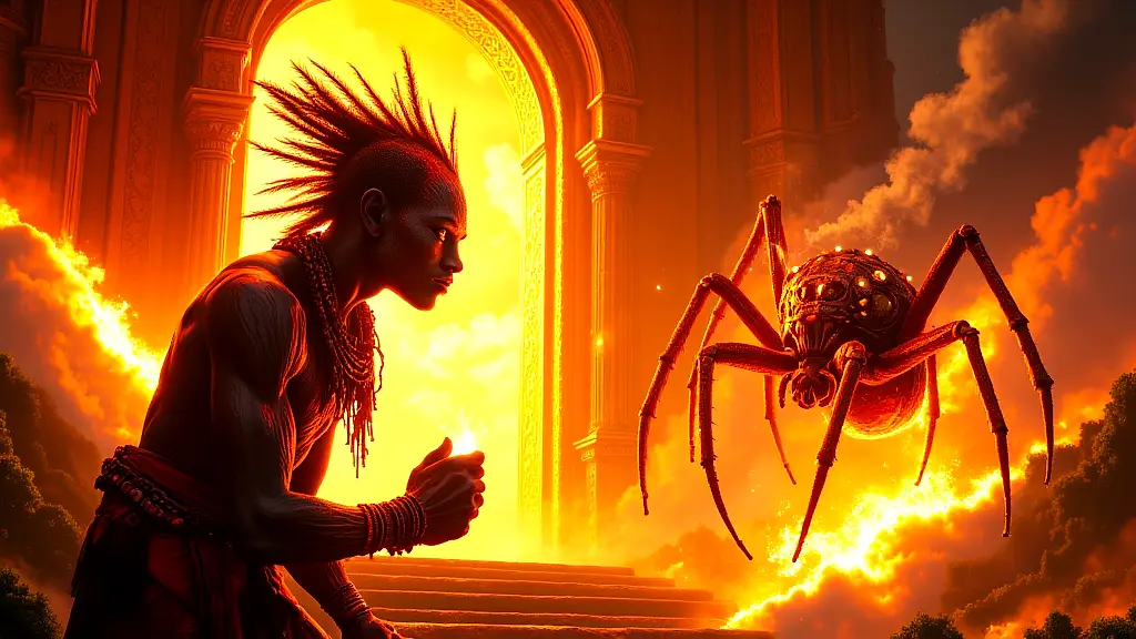 Spider trickster steals fire from Nzambi in vibrant African myth scene.