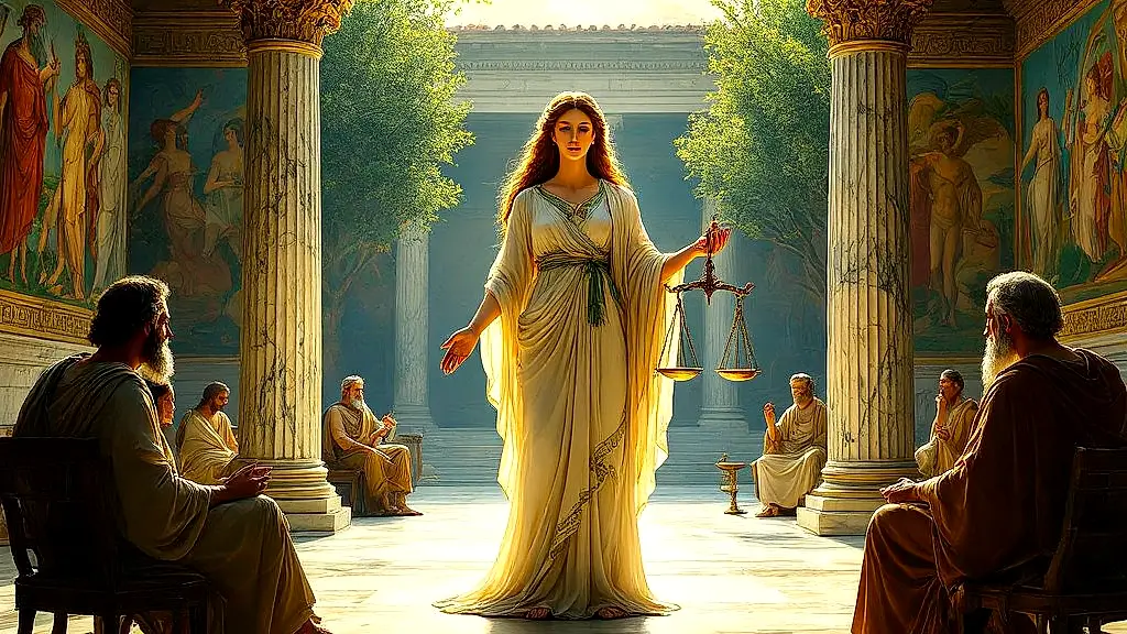 Stoic Eirene embodying inner peace among philosophers.