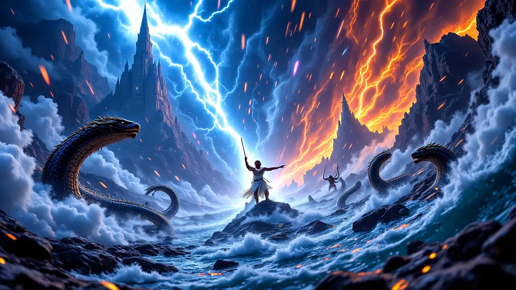 Storm gods battle chaos dragons in mythic clash.