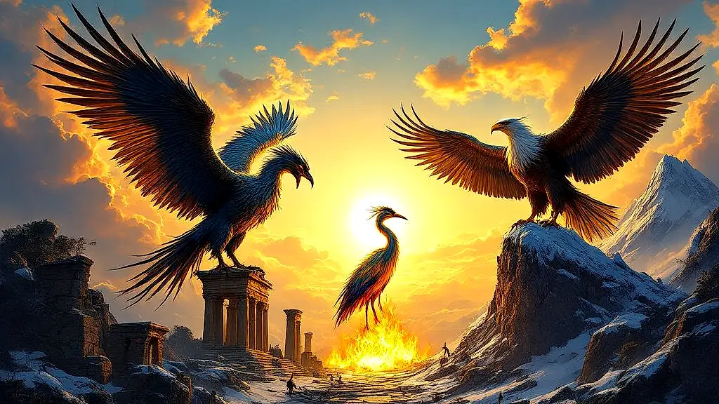 Stymphalian birds, Bennu, and Hraesvelgr in mythical showdown.