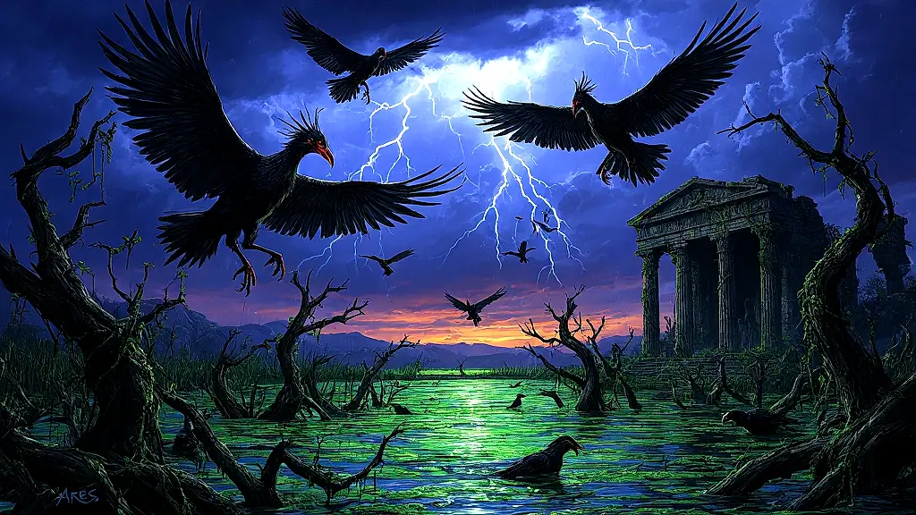 Stymphalian birds swarm a toxic marsh under stormy skies.