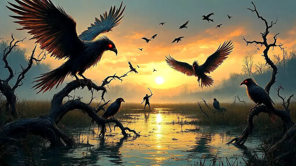 Stymphalian Birds with bronze feathers attacking in a misty swamp.
