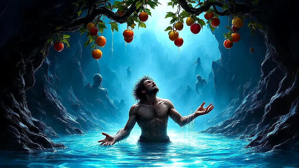 Tantalus eternally tormented in Tartarus, reaching for fruit and water.