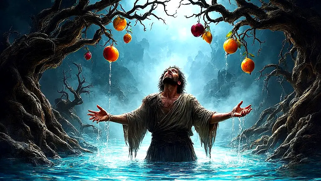 Tantalus tormented by unreachable fruit and water in Tartarus.