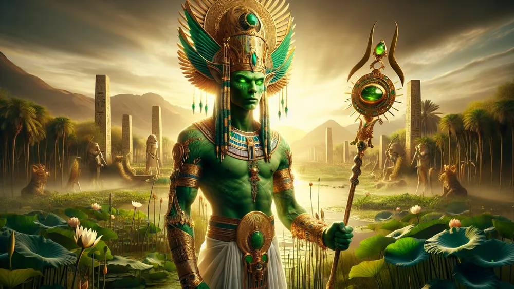 Tatenen Egyptian God Of Creation And Nature In Lush Nile Landscape