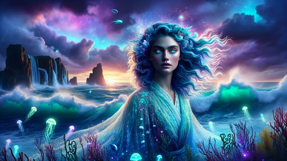 Thalassa Goddess Of The Sea With Ocean Like Hair And Glowing Skin