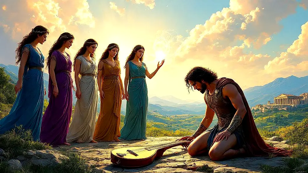 Thamyris blinded by Muses, shattered lyre at feet.