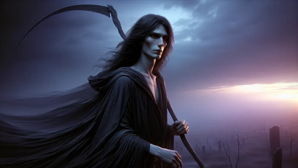 Thanatos In Dark Robes With Scythe Misty Twilight Background