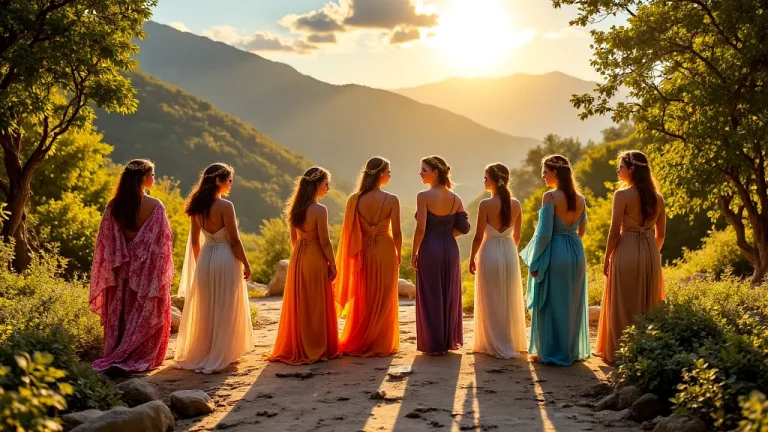 The Nine Muses of Greek mythology inspiring art on Mount Helicon.