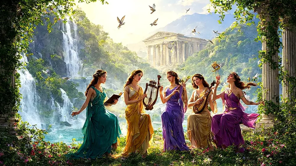 The Nine Muses of Greek mythology inspiring arts on Mount Helicon.