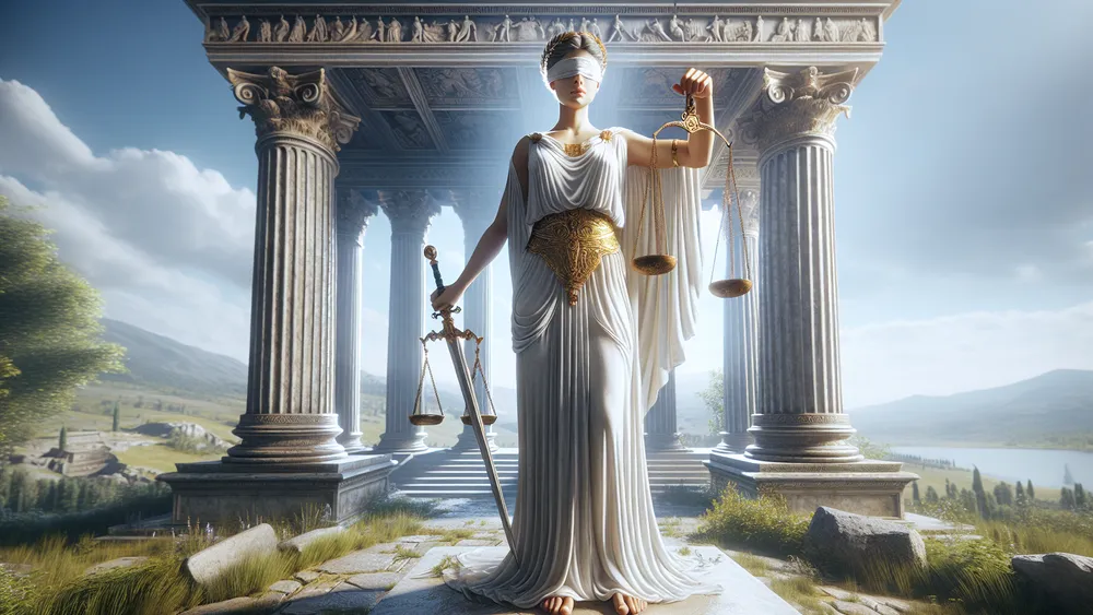 Themis Greek Goddess Of Justice With Scales And Sword In Temple