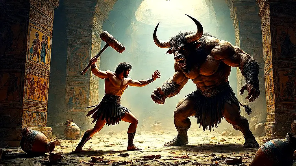 Theseus battles Minotaur in vivid labyrinth, ancient Greek pottery style.