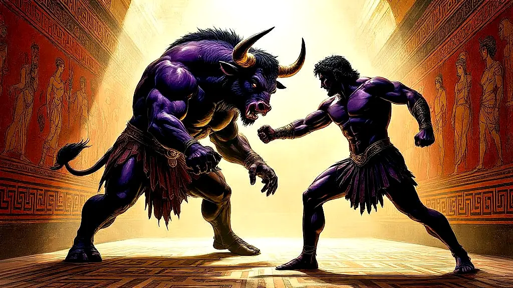 Theseus battles Minotaur on vivid Greek vase painting.