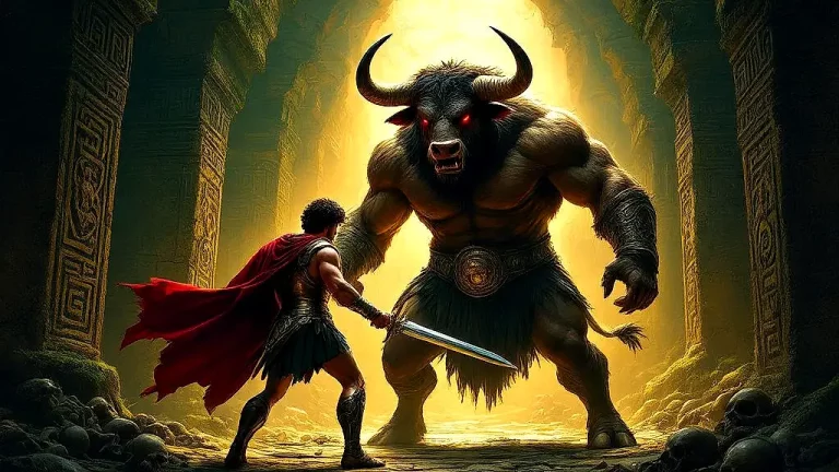 Theseus battles the Minotaur in the labyrinth.