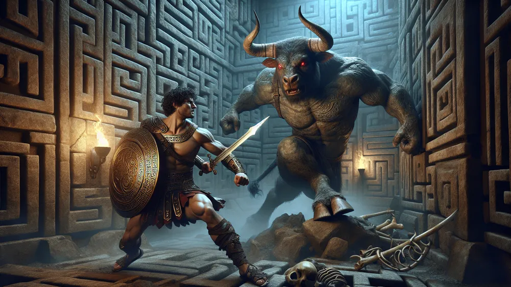 Theseus Heroically Slaying The Minotaur In A Detailed Ancient Labyrinth