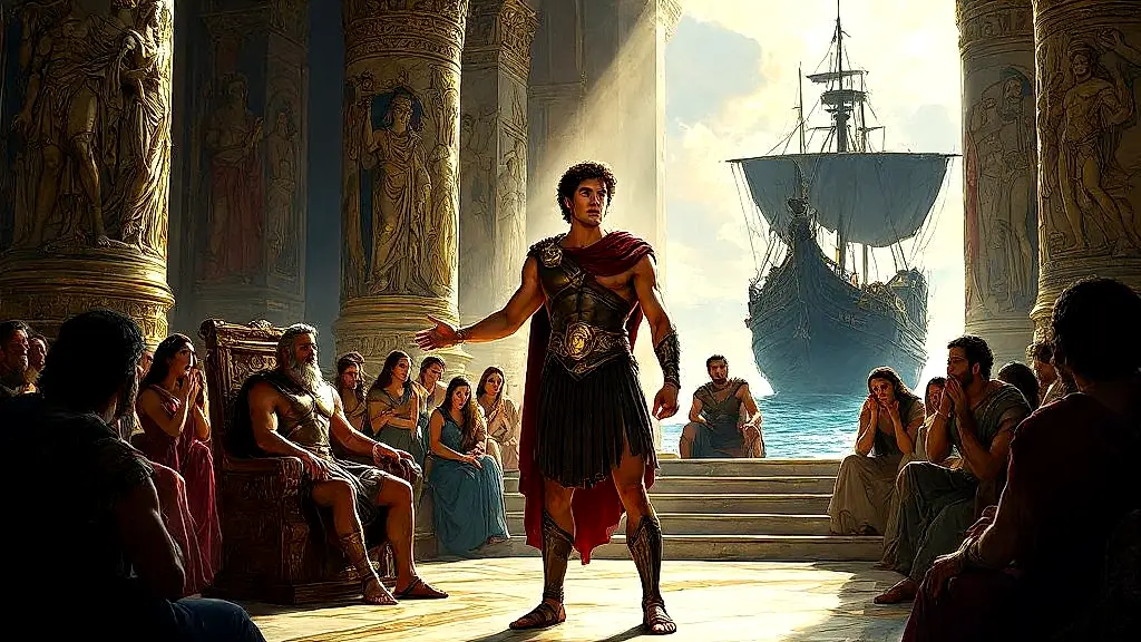 Theseus volunteers as tribute in Athenian court.
