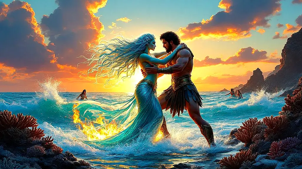Thetis transforming as Peleus holds her, mythical coastal scene.