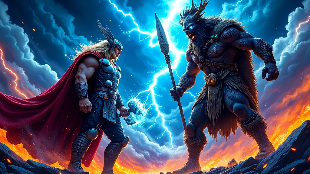 Thor and Dongo clash in a storm of lightning and power.