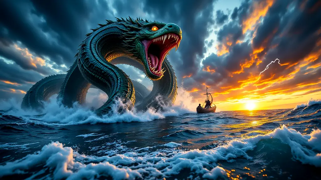 Thor battles Jörmungandr in a stormy sea.