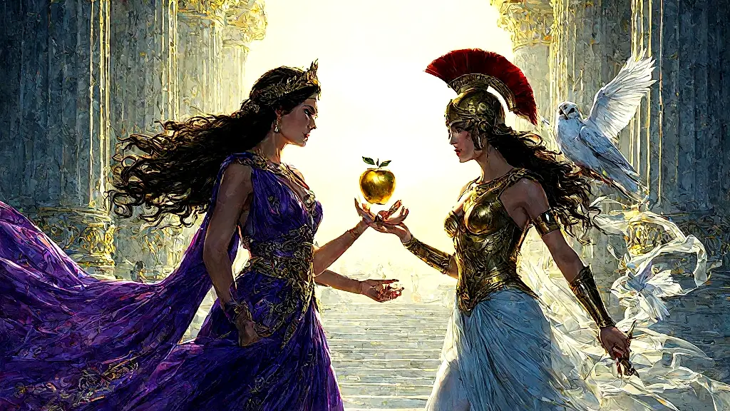 Three goddesses fiercely arguing over a golden apple.