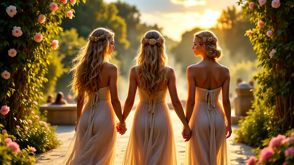 Three Graces dancing in a sunlit grove, distributing flowers.