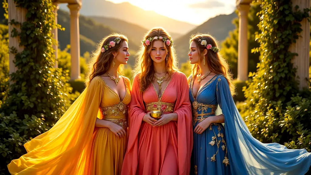 Three Graces embodying grace, joy, and abundance in olive grove.