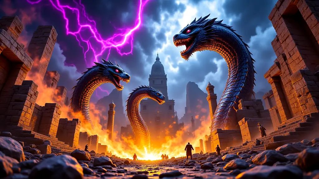 Three mythic giant serpents clash in an apocalyptic battle.