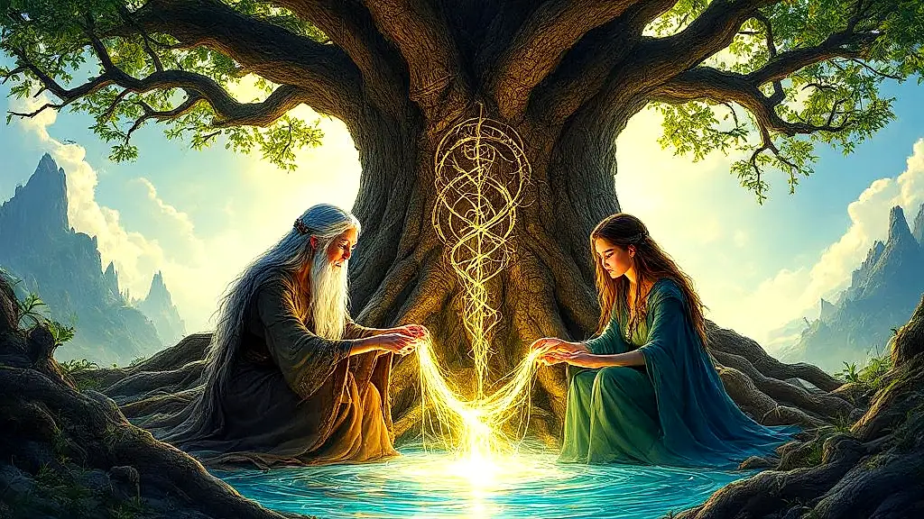 Three Norns weaving fate at Yggdrasil’s roots.