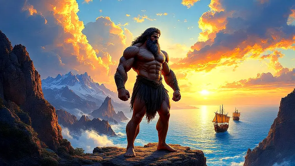 Titan Atlas holding sky over Atlantic Ocean and mountains.