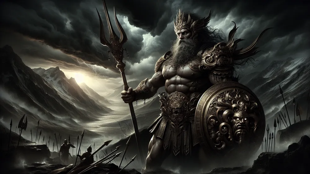 Titan God Pallas In Armor On A Stormy Battlefield