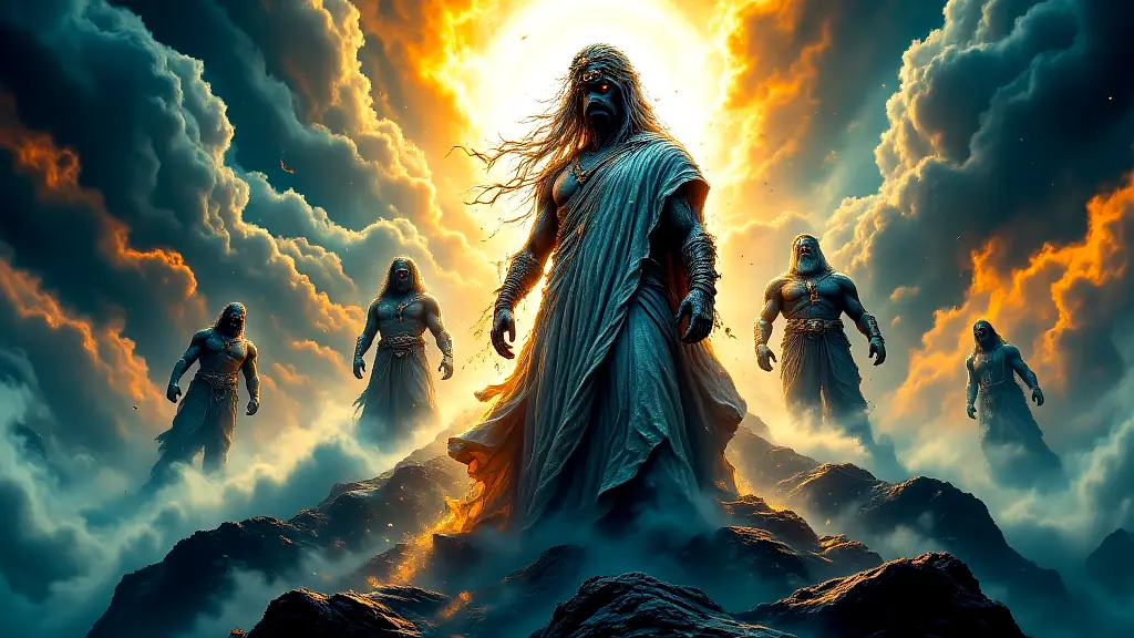 Titans of Greek mythology standing atop celestial mountain.