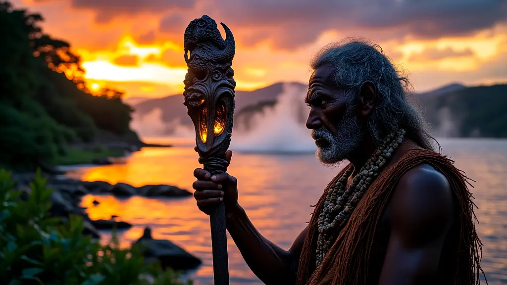 Tonga elder wields Nyami Nyami’s ceremonial walking stick at sunset.