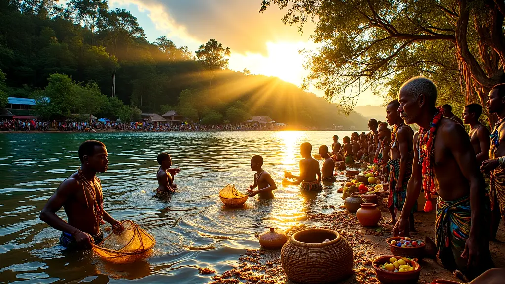 Tonga villagers honor Nyami Nyami with sunrise river ceremony.
