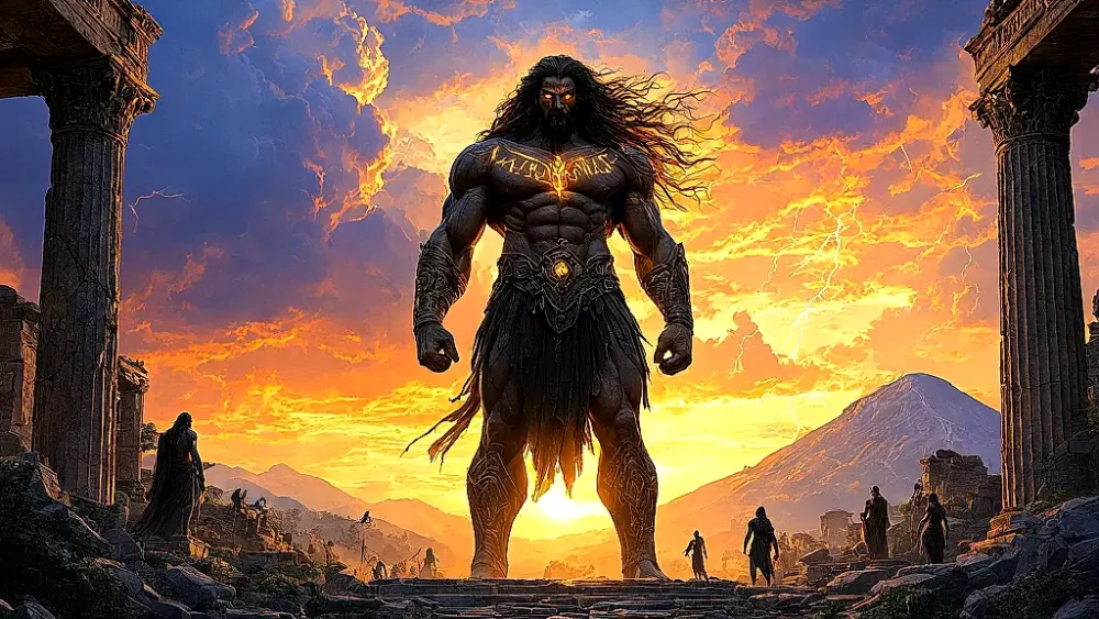 Towering Nephilim giant amid Greek temple ruins at sunset.
