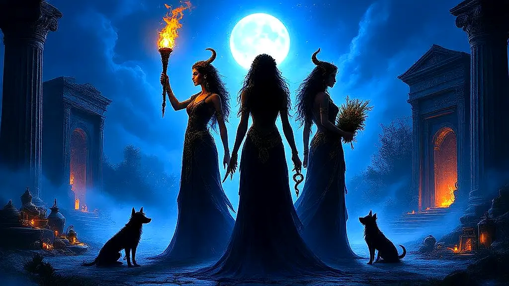 Triple-formed Hecate at moonlit crossroads with torches and spirit dogs.