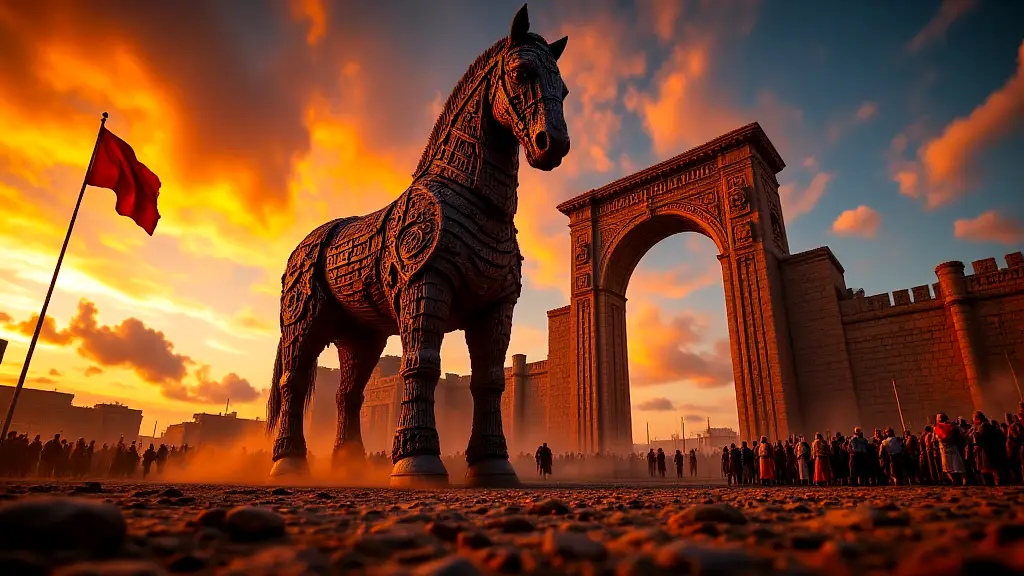 Trojan Horse at Troy’s gates under a golden sunset.