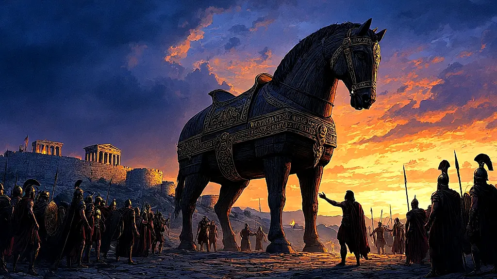 Trojan Horse at Troy’s gates with hidden Greek warriors.