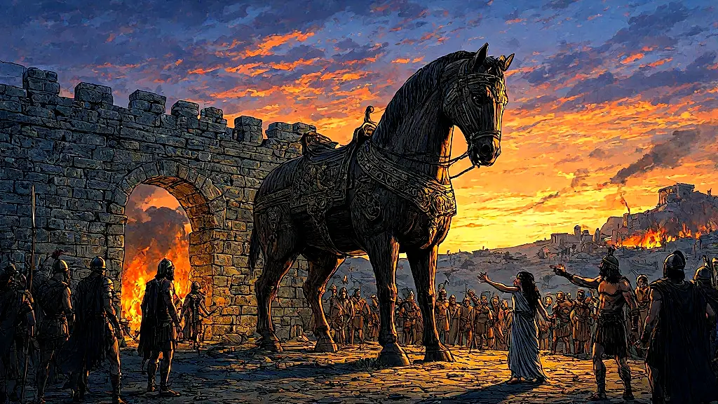 Trojan Horse outside Troy at dusk, Sinon and Cassandra watching.