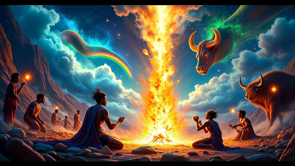 Tsui'goab as rainbow, serpent, and bull in mythic ritual.